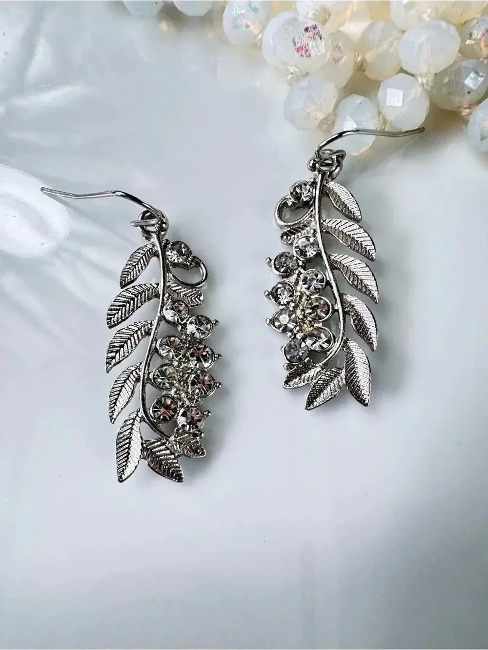 Zara Vintage Silver Leaf Crystal Drop Earrings